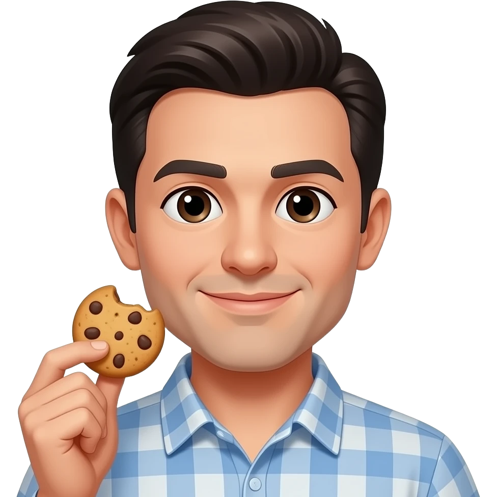 a man with dark hair and a middlepart with a cookie emoji