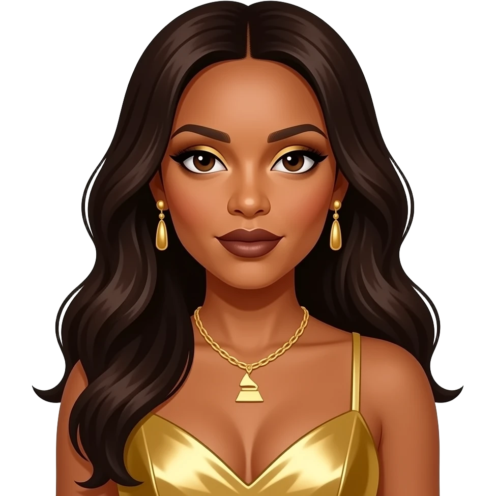 Kelly Rowland from Destiny's Child with dark brown eyes, long dark brown hair, gold eyeshadow, dark brown lipstick, grammy gold dress, necklace and earrings emoji