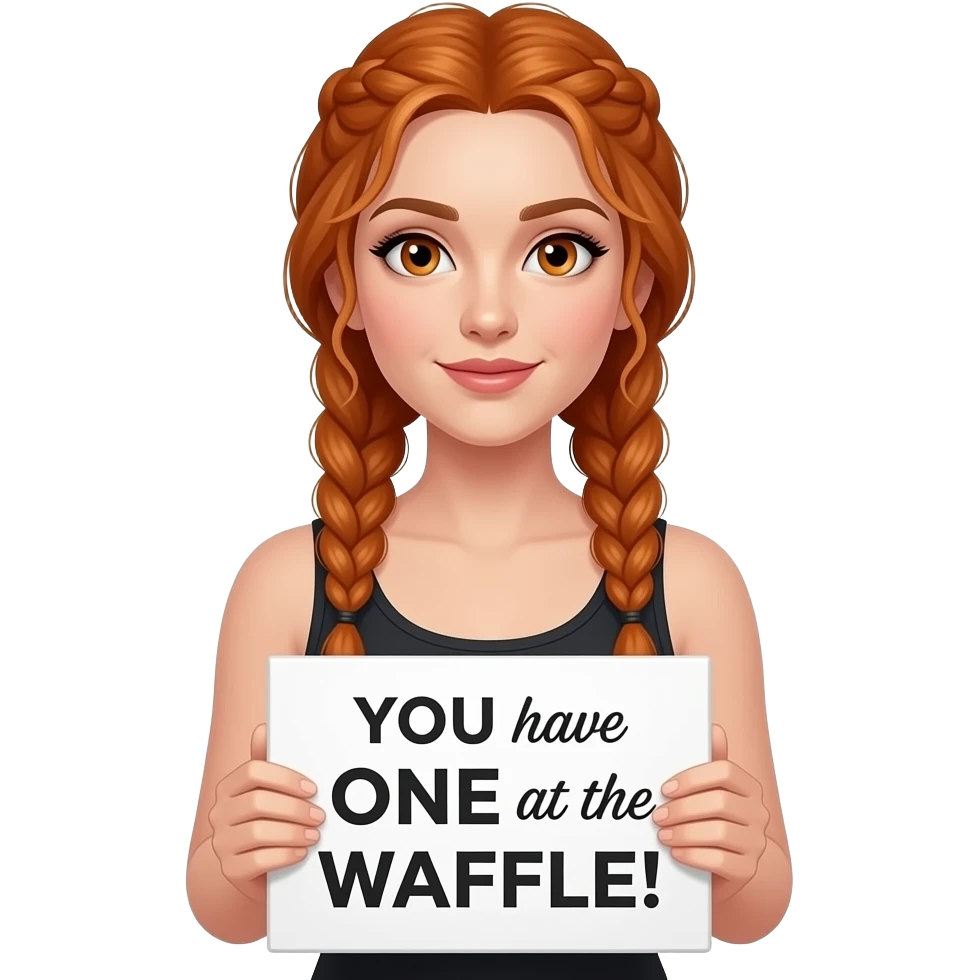 sexy girl with long ginger braids and ginger eyes wearing a black tanktop is holding a white sign with YOU have ONE at the WAFFLE!  written on it emoji