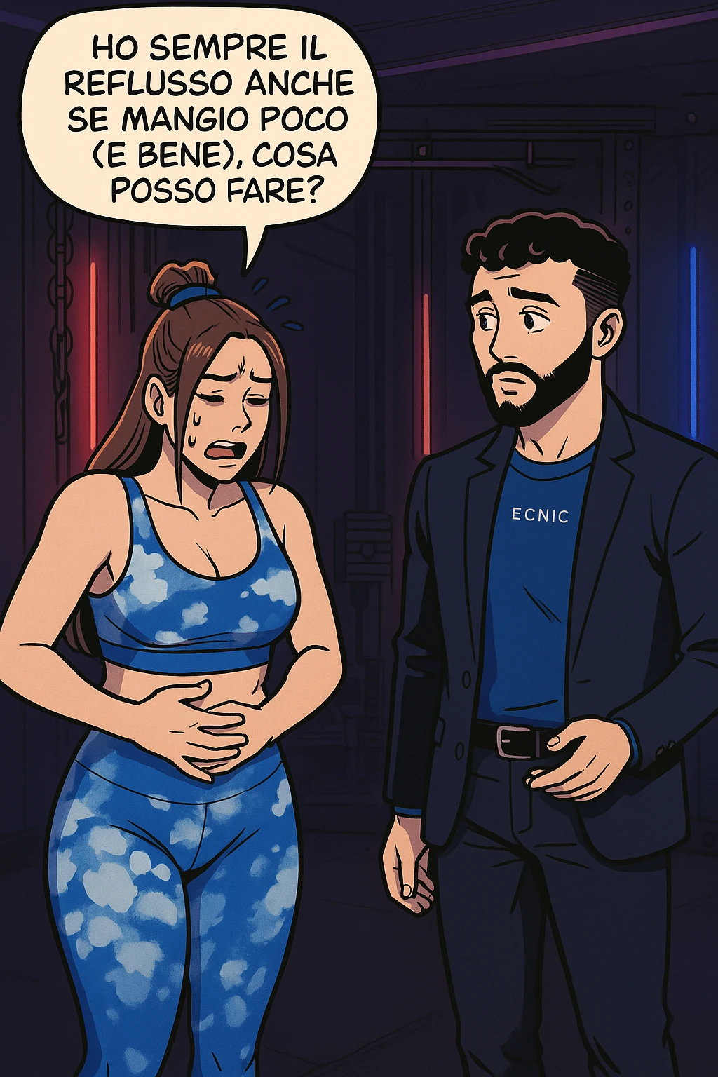 TRASFORMA QUESTO CAROSELLO IN UN FUMETTO STILE WEBTOON/MANGA A COLORI CON QUESTE DUE PERSONE IDENTICHE CHE INTERLOQUISCONO TRA LORO, LA DONNA è DISPERATA CON LE MANI sulla pania perché soffre di reflusso E STA DOMANDANDO TUTTA AGITATA UNA COSA ALL'UOMO:

LEI (DONNA): Ho sempre il reflusso anche se mangio poco (e bene), cosa posso fare?
 emoji
