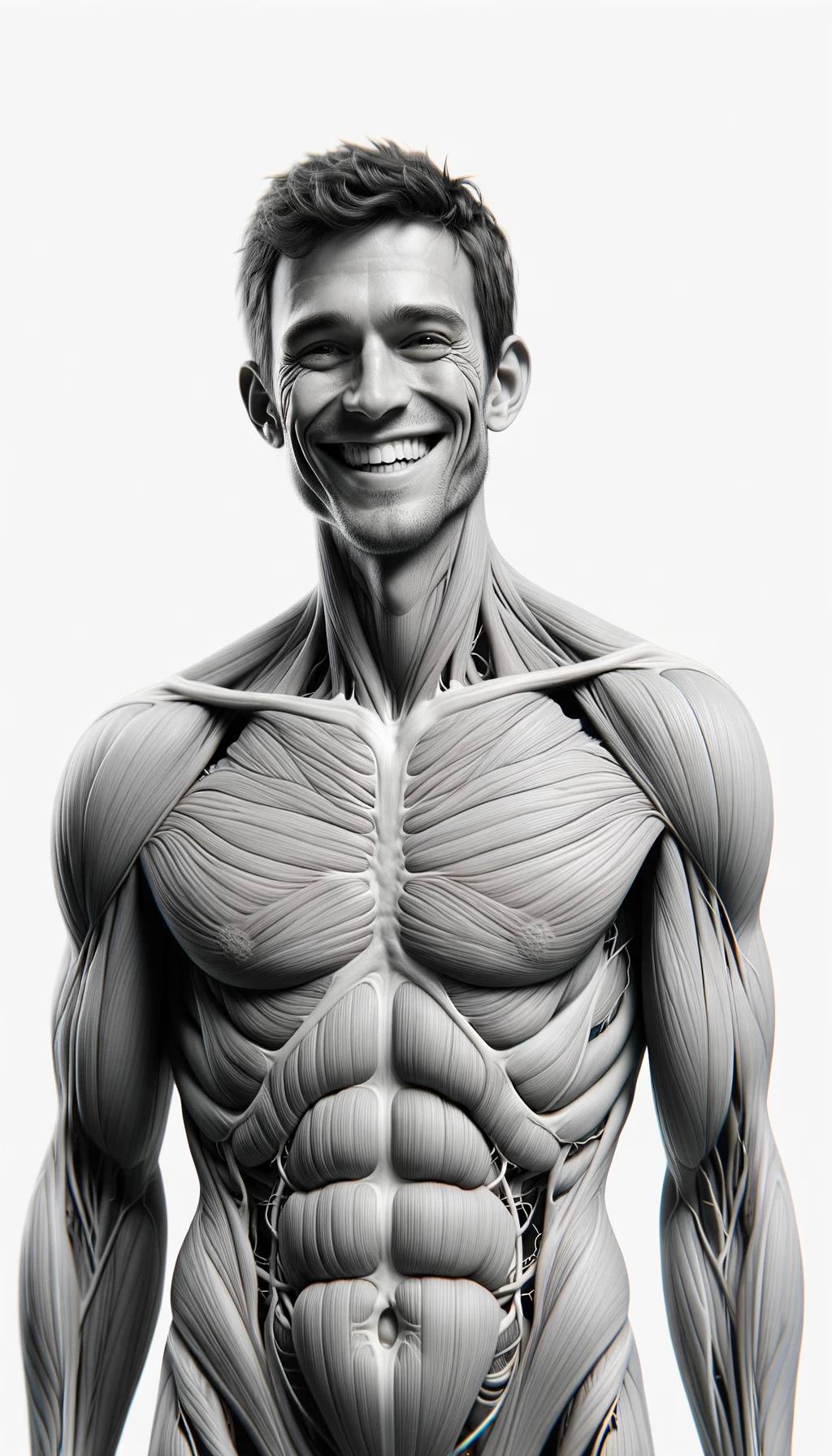 corpo umano anatomico a figura intera visibile fino ai fianchi che sorride rilassato, iperrealistico 4k, isolato su sfondo bianco emoji