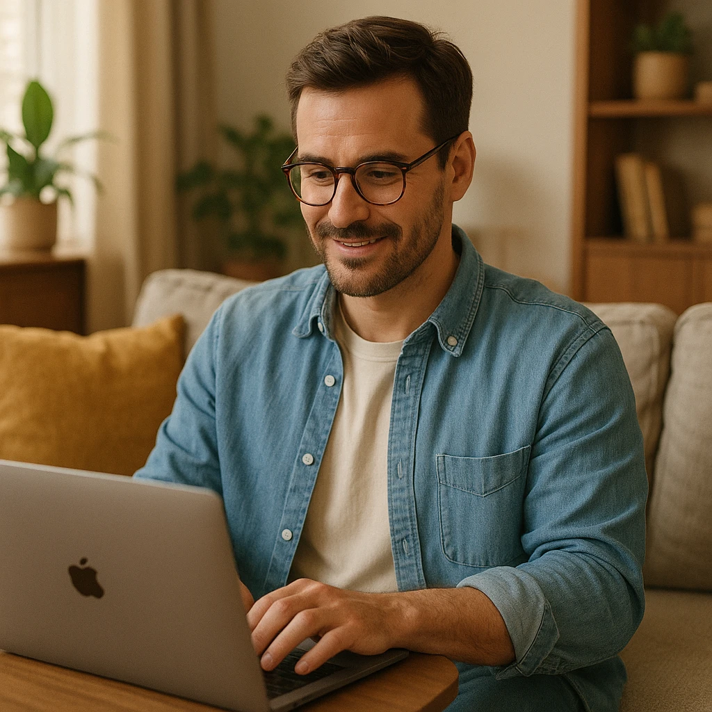 A man with glasses typing on a MacBook in a casual setting emoji