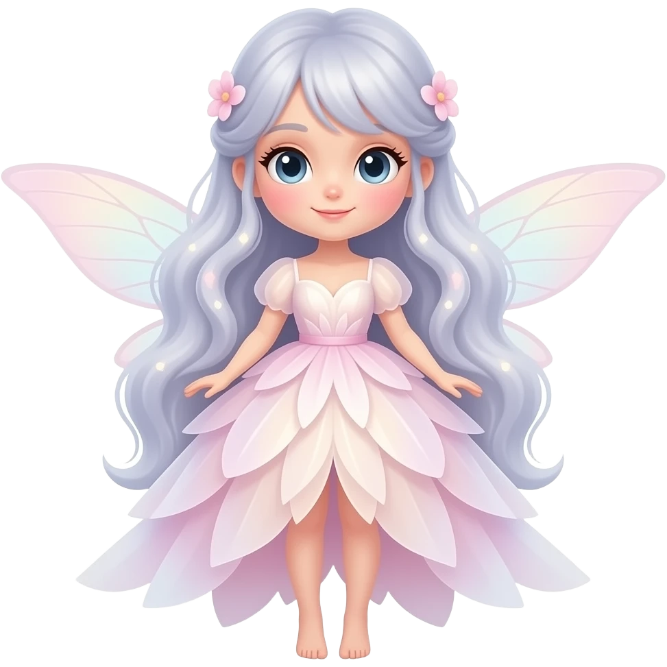 A cute elegant garden fairy with soft pastel hair, a flowing petal dress, delicate translucent wings, rosy cheeks, and a gentle magical glow. emoji