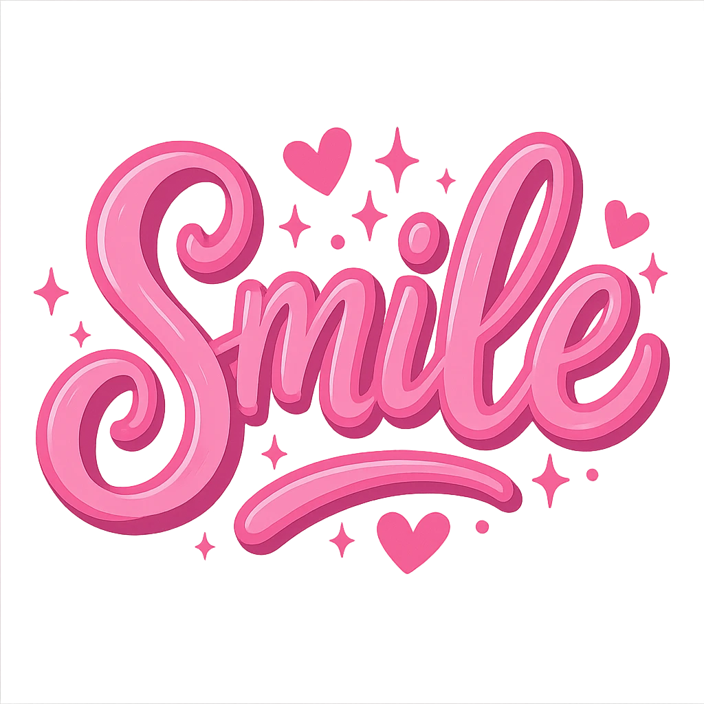 the word 'smile' in a creative, pink-themed style, no background emoji