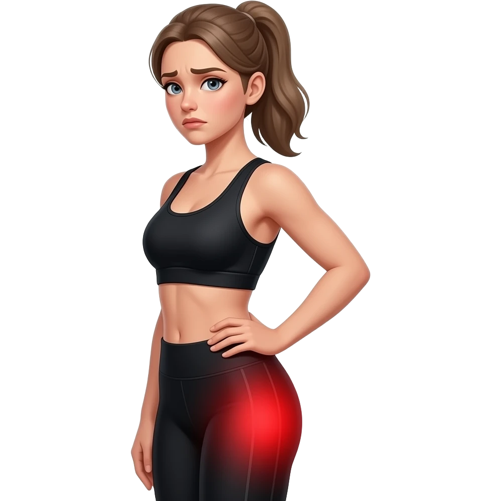 glute pain, full red glow covering the entire glute and hip area, side pose, woman touching hip and glute area, fair-skinned woman, gray-blue eyes, ash brown brows, ash light brown hair tied back, slim athletic body, black workout set emoji