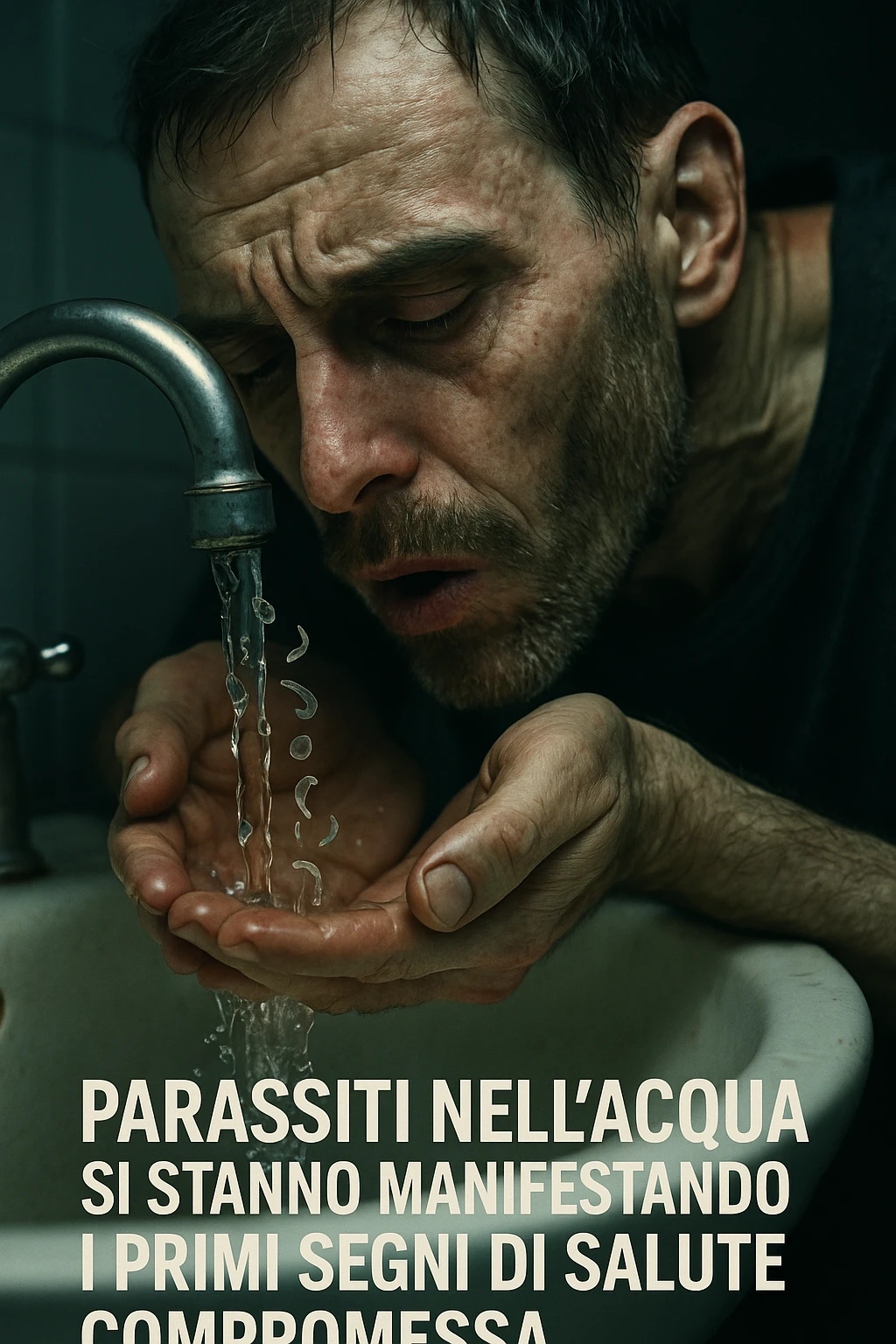 vertical realistic cinematic image of a man drinking water from a faucet, visible parasites in the water, early signs of health deterioration, clinical dramatic lighting, Italian captions, aspect ratio 2:3 emoji