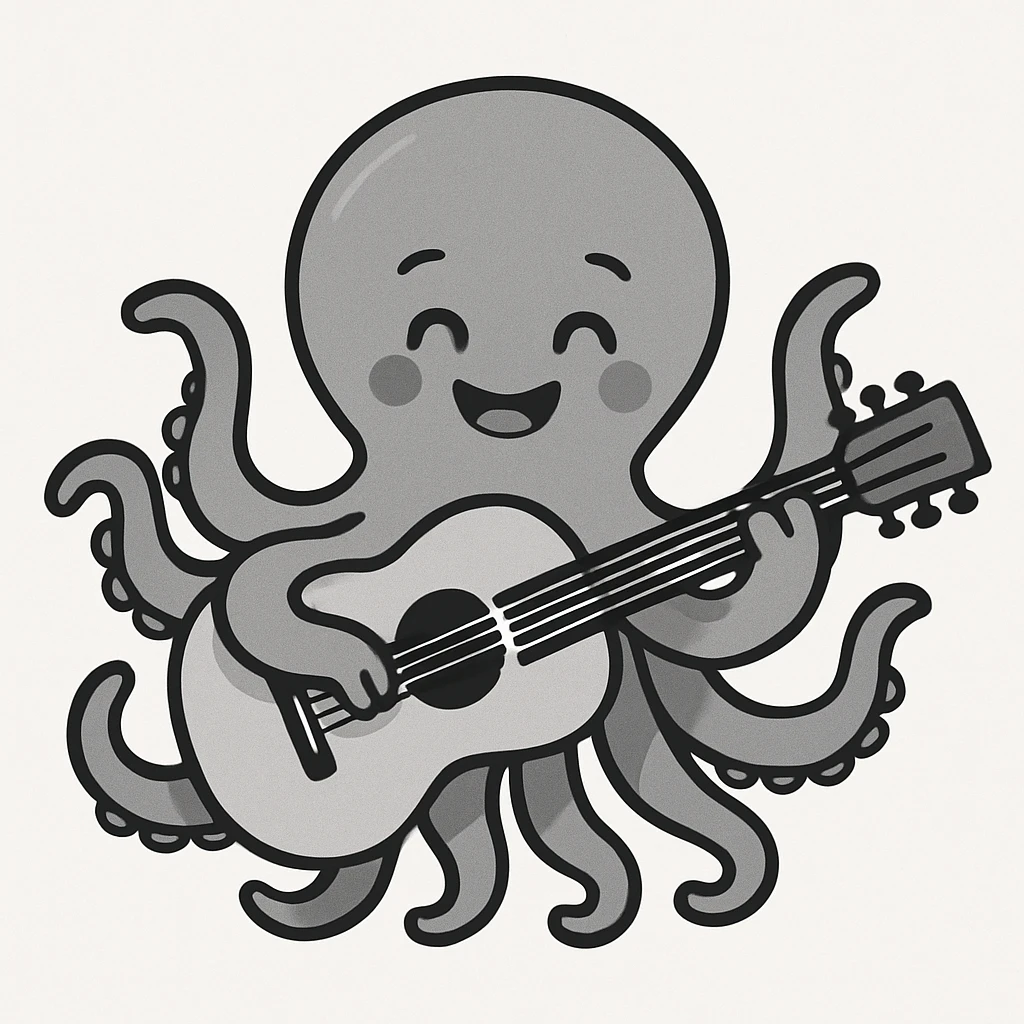 happy octopus with multiple arms playing guitar emoji
