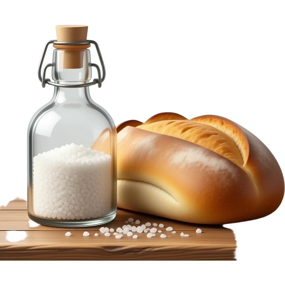 a bottle of salt (salt cellar) and a loaf of peasant bread - still life compositio emoji