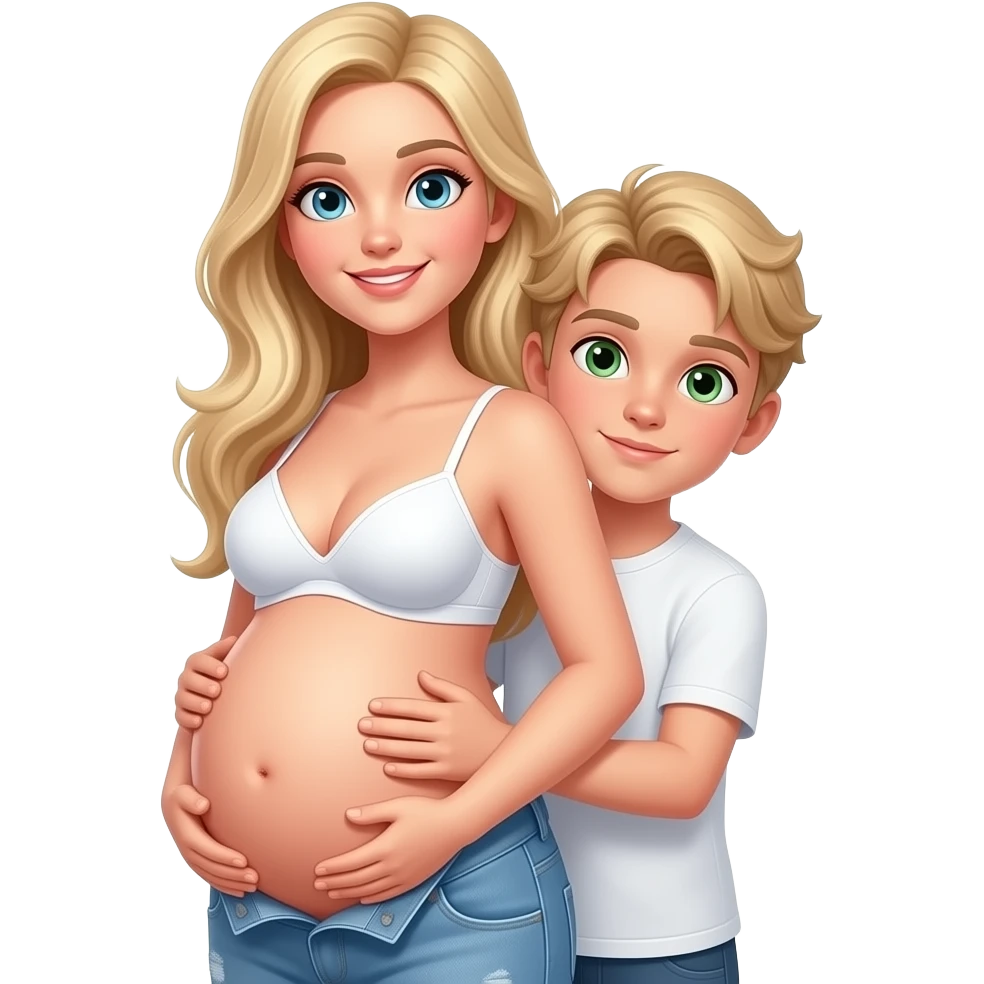 Woman with long blonde hair, and light blue eyes, with pregnant belly wearing white bra and light blue baggy jeans, with boy with blonde hair and green eyes standing behind woman hugging her from behind emoji
