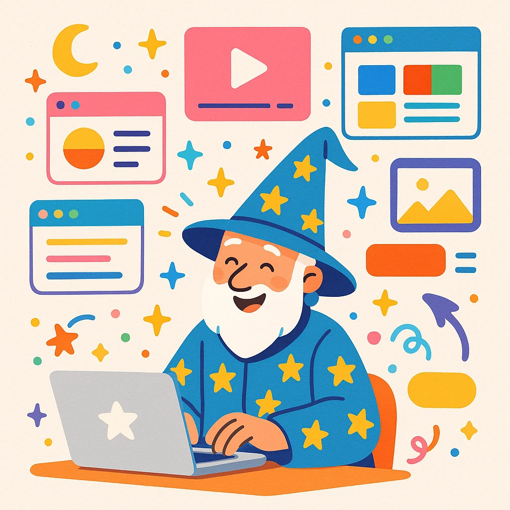 A cheerful wizard with a pointy hat, typing on a laptop, colorful website elements floating in the air, whimsical and modern style, bright colors, playful atmosphere emoji