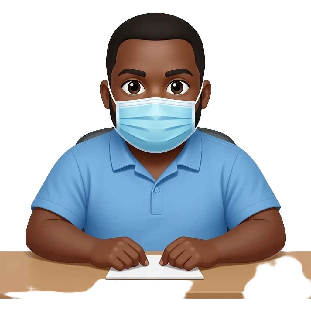 Fat Black Man at desk with blue sick mask on emoji