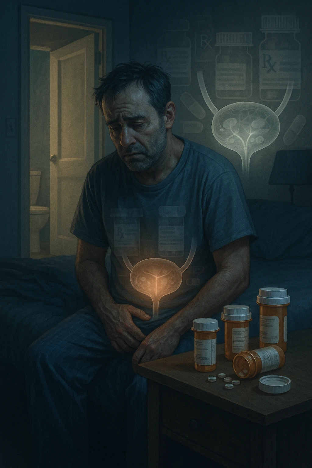 A middle-aged man sits on the edge of his bed in a dimly lit bedroom, looking exhausted and frustrated. On the nightstand beside him are several prescription pill bottles, loosely organized, some open — suggesting long-term medication use. In the background, the bathroom door glows softly, partially open, with a faint reflection of the toilet visible, indicating frequent nighttime trips. The man wears a loose T-shirt and pajama pants, his posture slightly curved as he gently touches his lower abdomen, symbolizing bladder discomfort. His eyes have dark circles, his expression is drained. The color palette is muted blues and greys, with a cinematic soft focus and ambient light highlighting emotional fatigue. A subtle overlay of pill labels and bladder imagery could be added for educational use. emoji