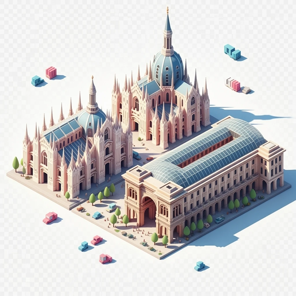 Isometric Milan with the Milan Cathedral (Duomo di Milano) and Galleria Vittorio Emanuele II arcade, toy-style elements, soft shadows, pastel diorama style, transparent background emoji