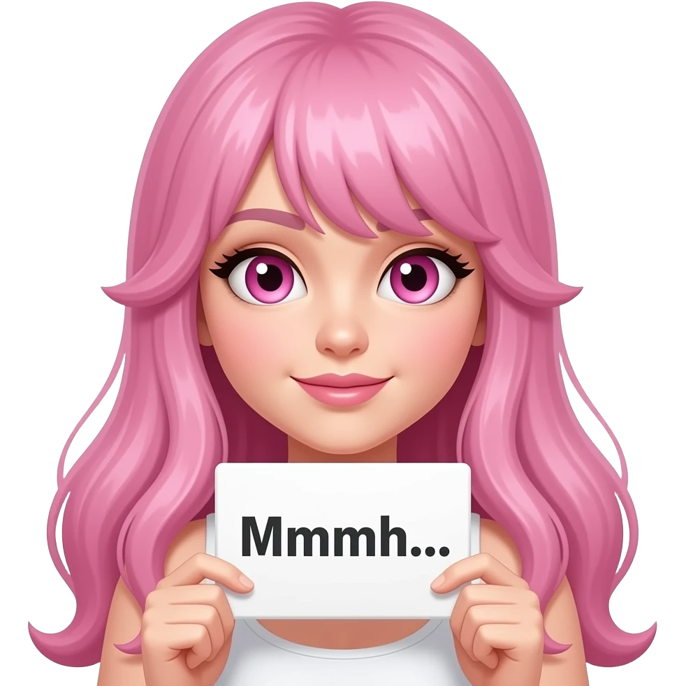 sexy girl with long pink hair and pink eyes holding a Mmmh... sign emoji