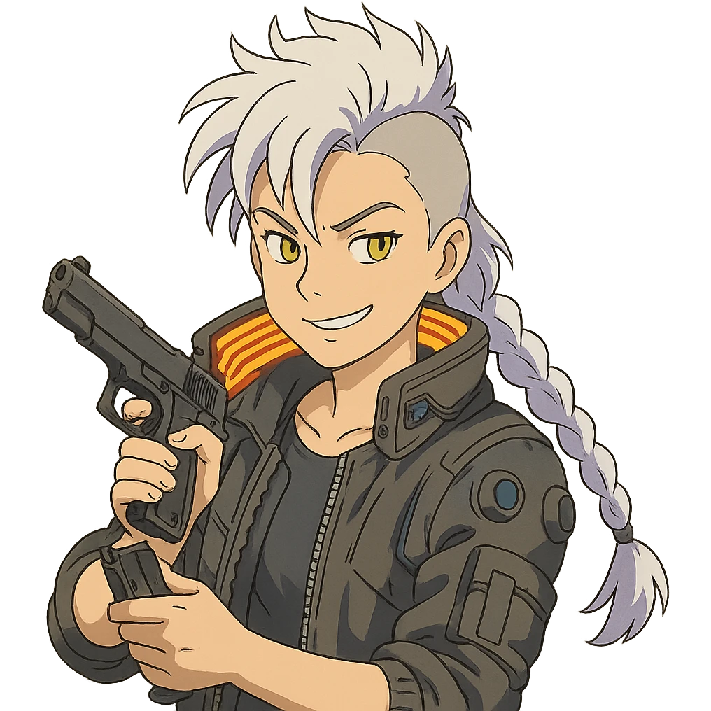 1 female, gold yellow eyes, white hair lavender tips, long white braid, unruly locks in front, mohawk, wearing trademark cyberpunk jacket with the lit up inner collar, reloading a m9 pistol with a smirk emoji