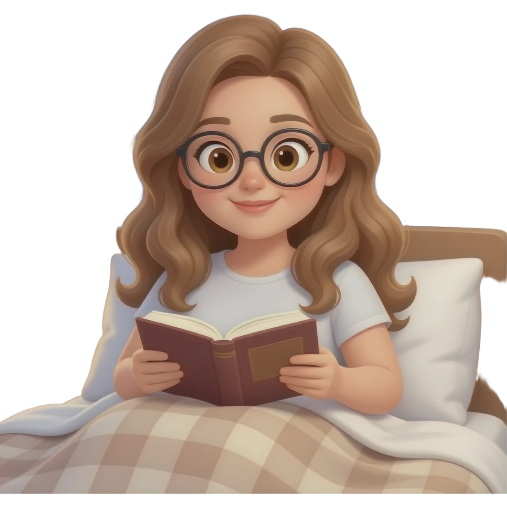 detailed emoji illustration of a curvy woman with long light brown wavy hair, light brown eyes and round glasses sitting in bed under a blanket and reading a book, cozy night reading atmosphere, cute emoji style emoji