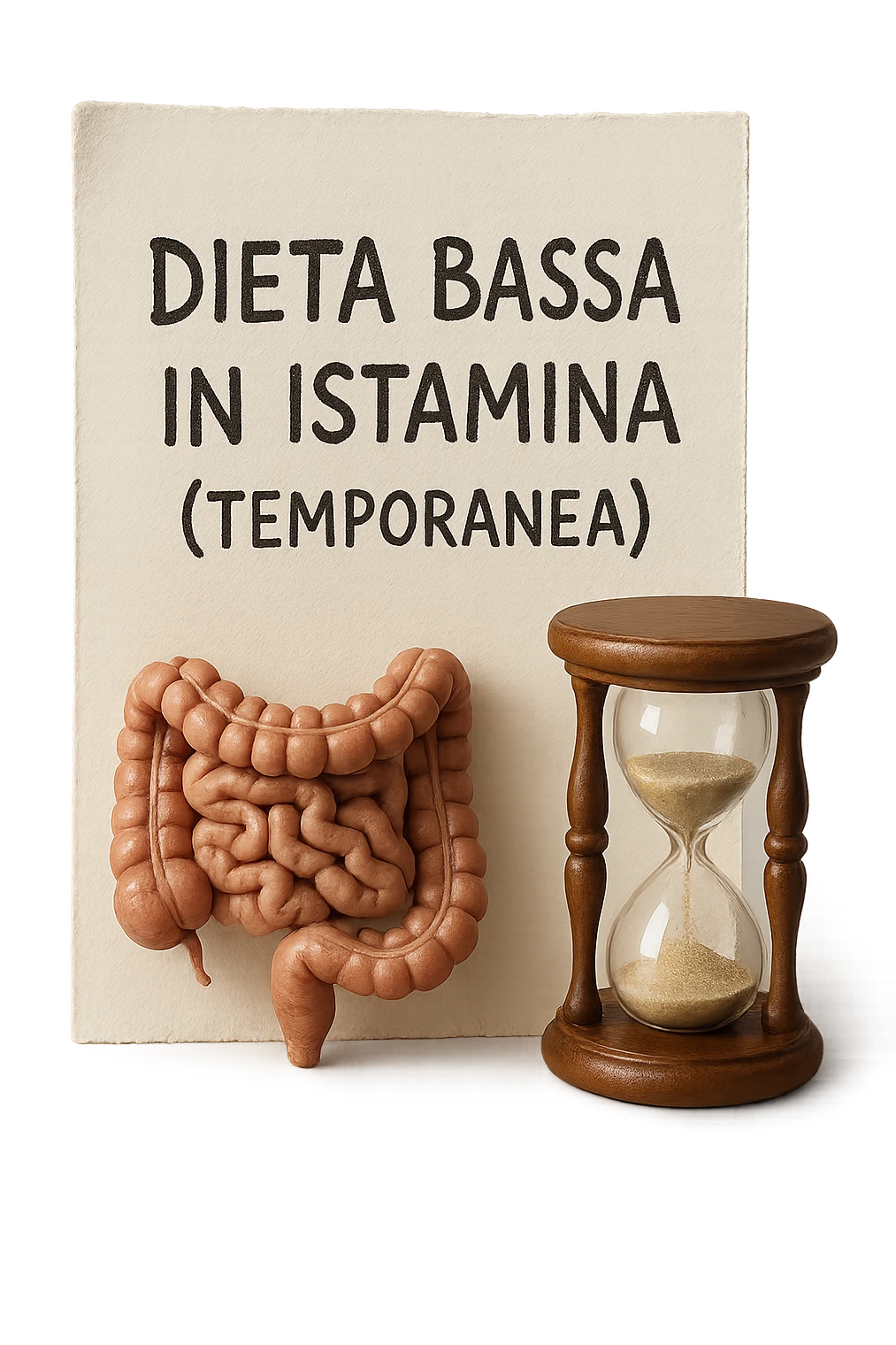 foglio di carta di una dieta con la scritta "DIETA BASSA IN ISTAMINA (TEMPORANEA), E ACCANTO CI METTI UN INTESTINO IN MINIATURA E UNA CLESSIDRA, iperrealistico 4k emoji