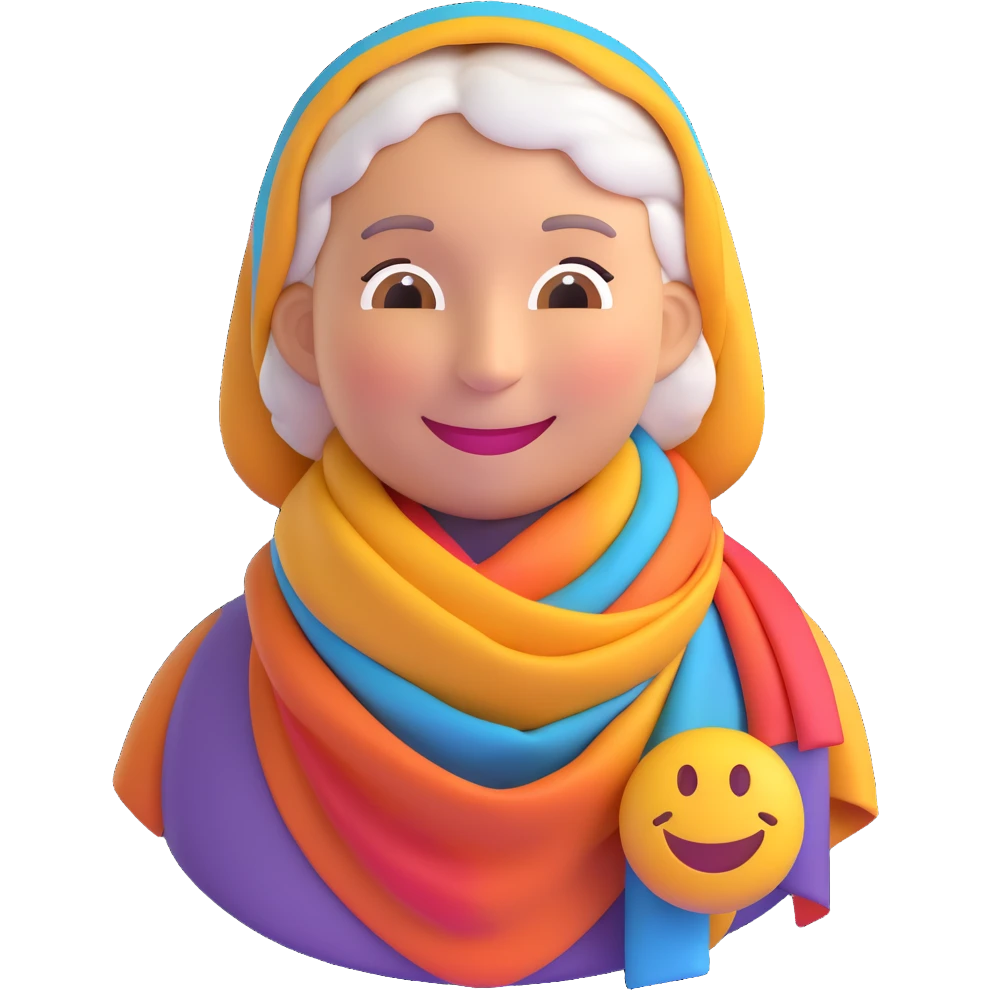 3D smiley emoji, round shape, grandmother wearing a colorful scarf, purple color, smiling face emoji