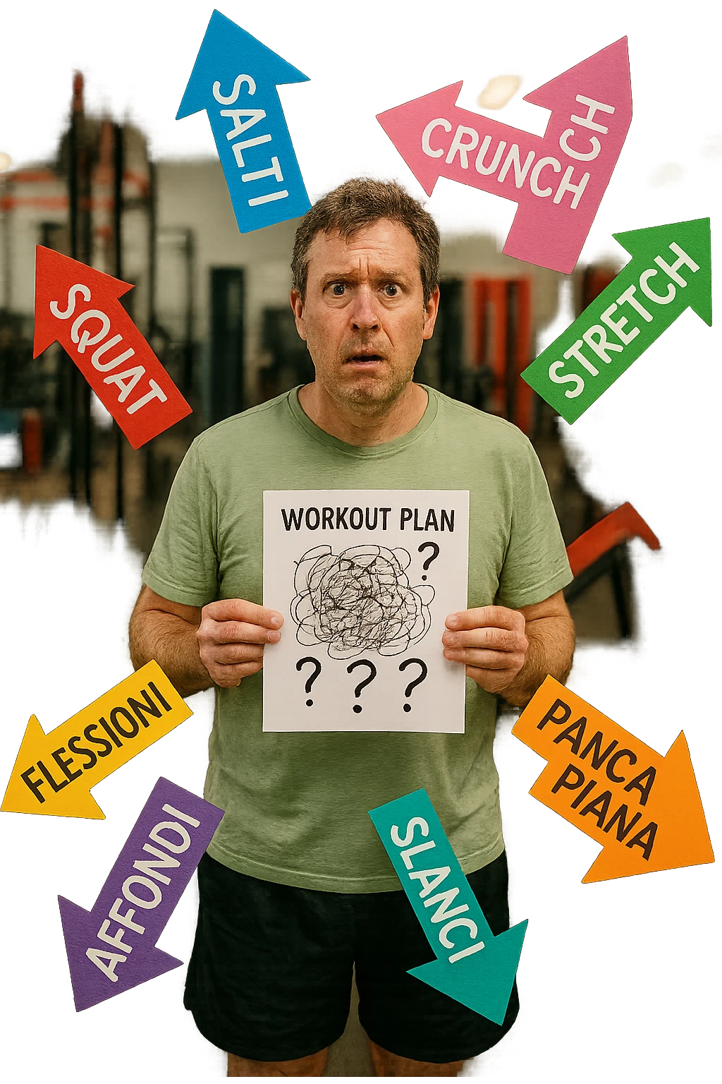 a person stands in the center of a gym, surrounded by arrows pointing in all directions, each labeled with a different exercise (e.g., “squat,” “Salti,” “stretch,” “Panca Piana”). The person looks bewildered, holding a workout plan with scribbles and question marks. The scene is colorful but visually messy, symbolizing confusion. in italiano immagine iperrealistica emoji