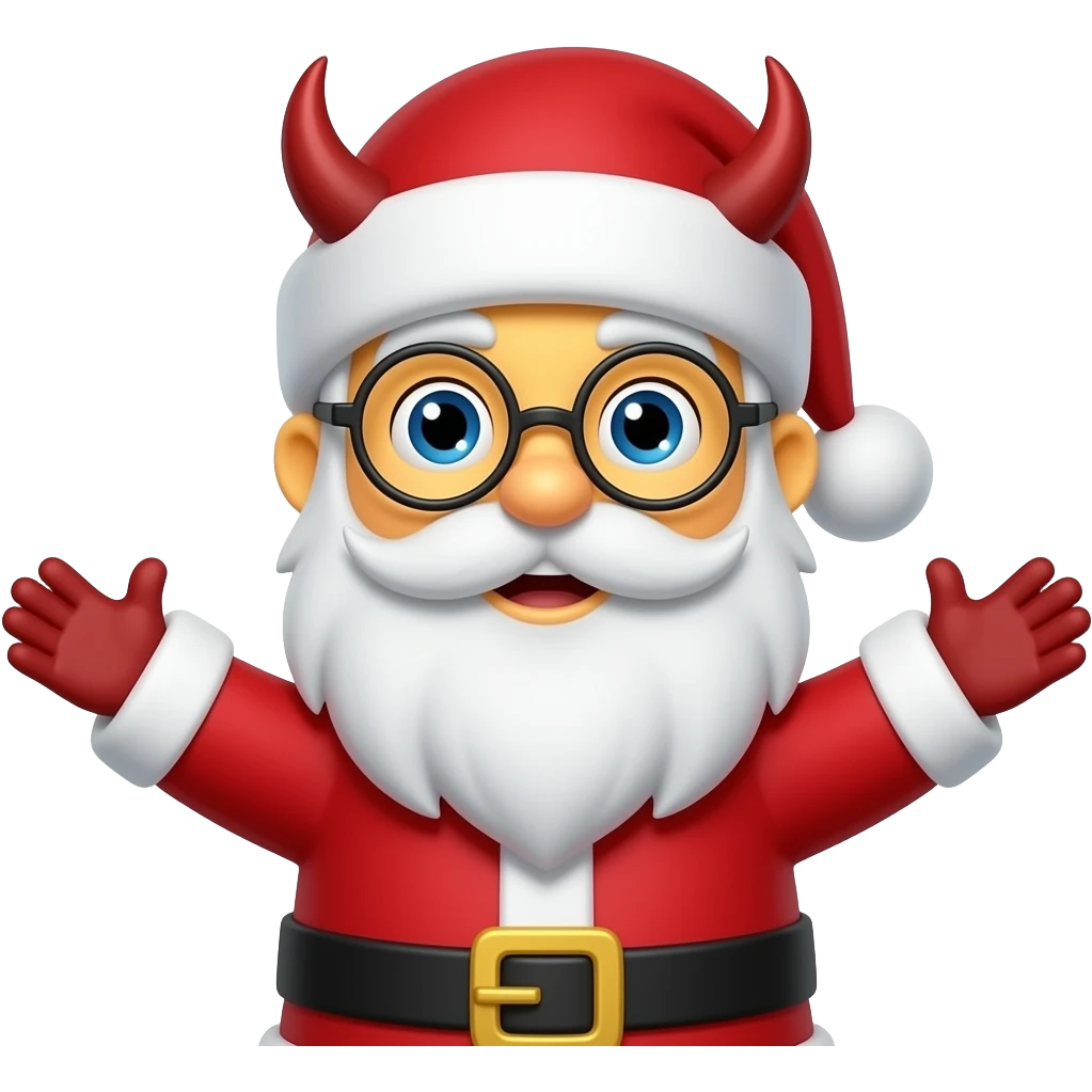 like Santa Claus blue eyes but with devilshorns throughly the hat with yellow face and open arms like that 🤗and without glasses and overlipbeard emoji