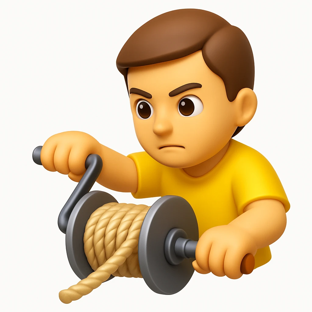 A 3D emoji in iOS emoji aesthetic style of a person turning a side crank to wind a thick rope onto a metal spool, showing the winding motion clearly, focused expression, soft shadows, glossy Apple-style finish, clean white background. emoji