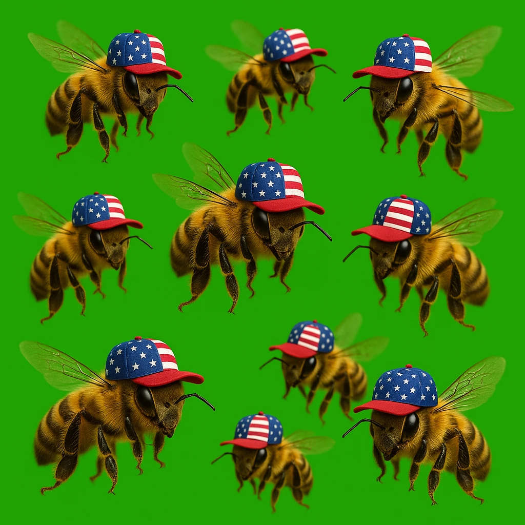 Сгенерируй рой пчел в кепках с флагом сша, на зеленом хромакей фоне emoji