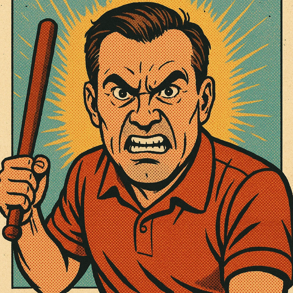 a furious father gripping a baton, intense eyes, bold lines, vibrant colors emoji