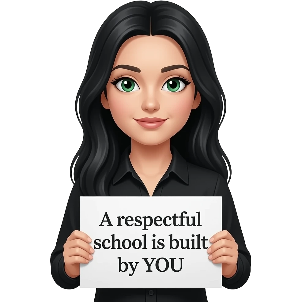 A beautiful woman with long jet black hair and green eyes and pale skin and very long eyelashes wearing a black shirt and holding a sign saying “A respectful school is built by YOU” emoji