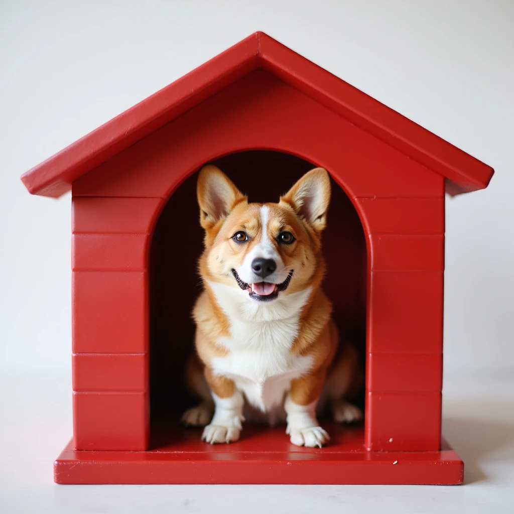 realistic red dog house with a Corgi dog inside, clear view of the Corgi, photorealistic style emoji