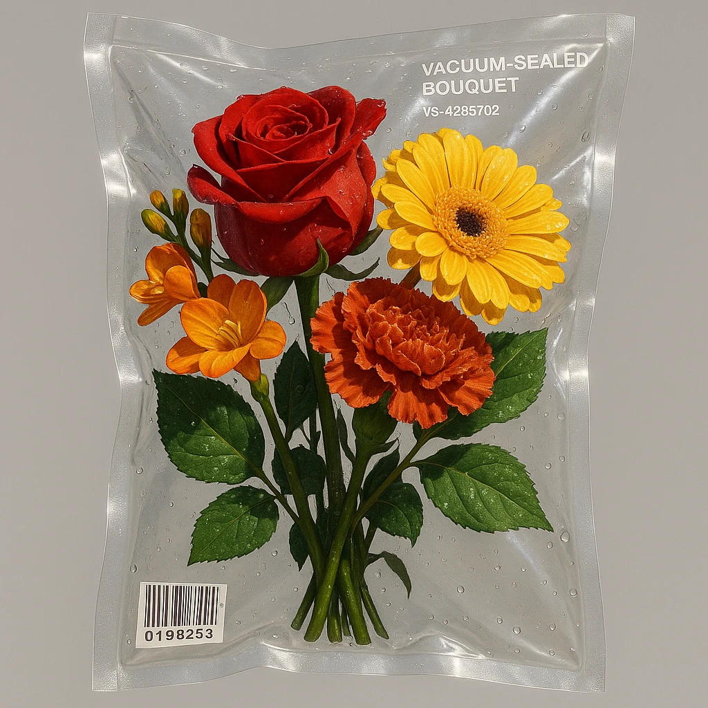 vacuum-sealed bouquet of flowers, pressed and glossy in clear plastic emoji