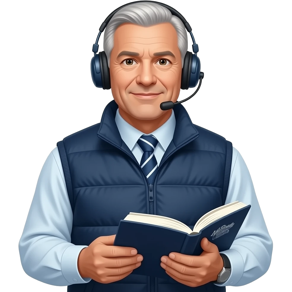 Older person American football coach with playbook and headset emoji