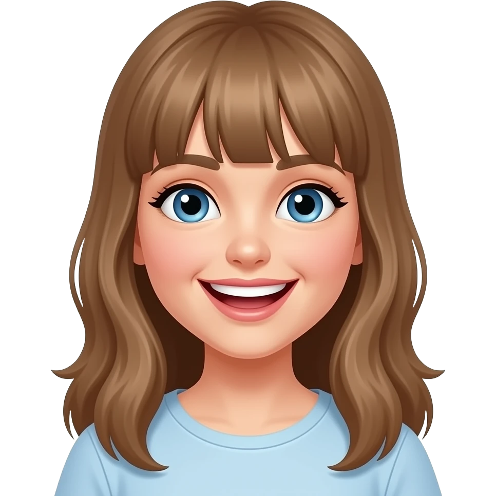 a young woman with long light brown hair and fringe and blue eyes  is laughing emoji