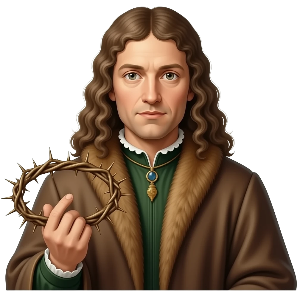 cinematic - en face penetrating balanced Albrecht Dürer Renaissance self-portrait with long curly hair in a cloak with a fur collar, in Renaissance dress, holding a crown of thorns with his left hand emoji