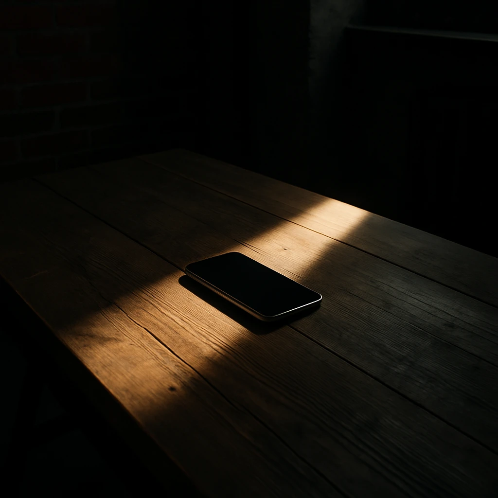 dark room in loft style, iphone lies on wooden table, beam of light shines directly on it and on table emoji