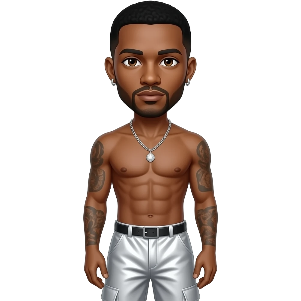 Usher with brown eyes, black buzz cut hair, white metallic baggy pants, shirtless with necklace and earrings emoji