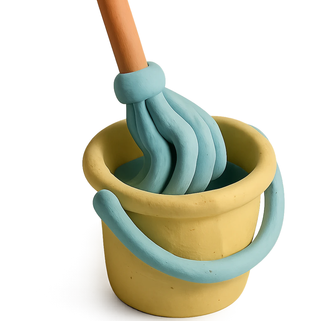 close-up of mop wringing out in a bucket, soft lighting, pastel colors, claymation style emoji