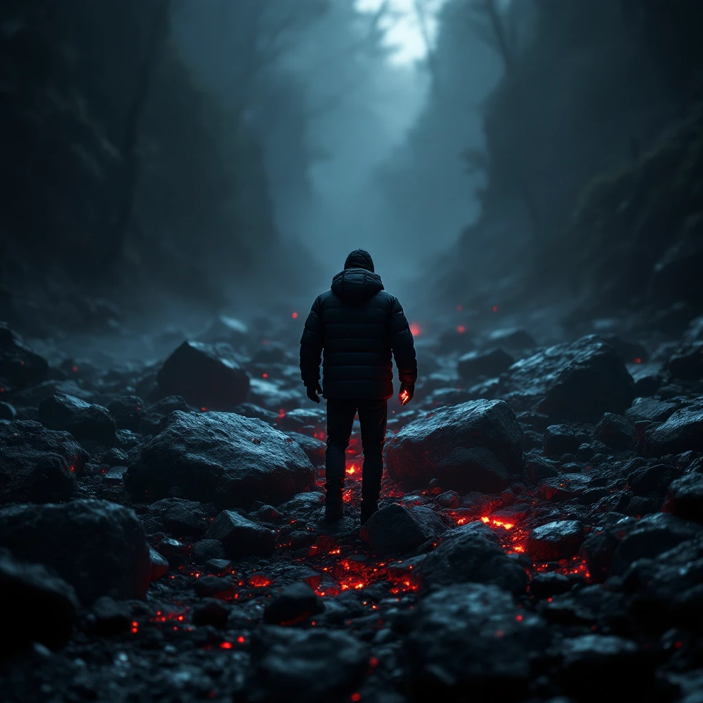 cinematic still of a front black puffer jacket around black stone with red coal temeperature environment, back red light, top light  emoji