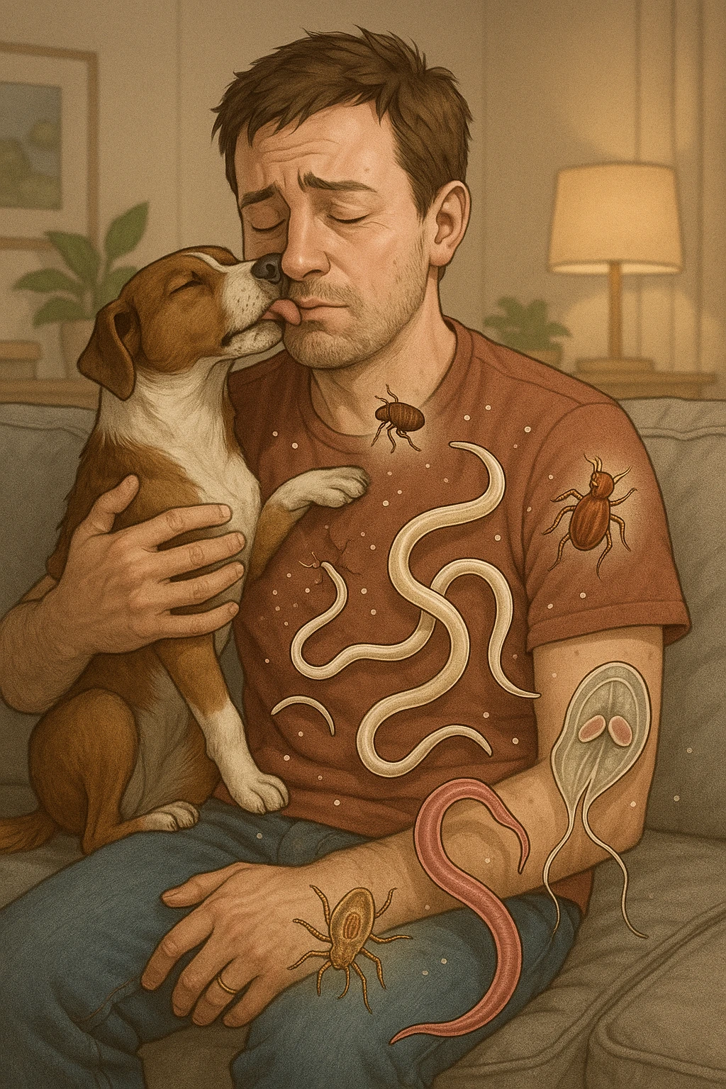 "Man cuddling with his beloved dog on couch, unaware that fleas, ticks, and worms are jumping from pet's fur onto his clothing, microscopic visualization showing roundworms, hookworms, and giardia transferring between species, expression of loving pet owner ignorant of health risks, living room becoming cross-contamination zone, pet's scratching and licking spreading parasites to human environment" in italiano emoji
