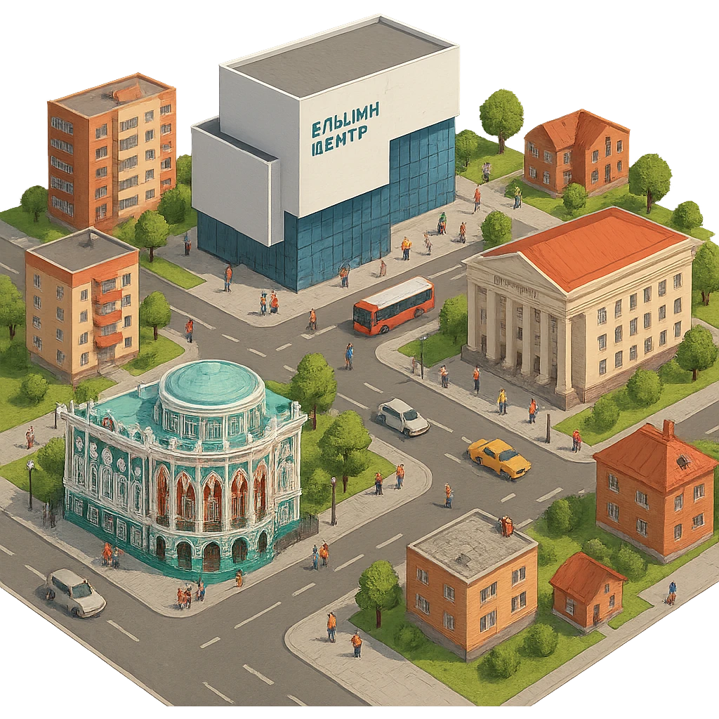 Изометричная миниатюрная фотореалистичная 3D модель Екатеринбурга - Дом Севастьянова, Ельцин-центр, Уральский федеральный университет, дома, четкая детализация, яркие цвета, мультяшный реализм, люди, автотранспорт, компактная композиция, вид сверху в изометрии, прозрачный фон emoji