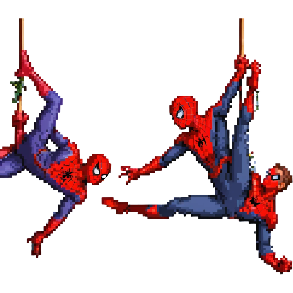 pixel art of three Spider-Mans in action swinging and fighting together, Tobey Maguire in red-blue suit web-shooting, Andrew Garfield in red-blue suit acrobatic pose, Tom Holland in red-black suit swinging, dynamic poses with webs emoji