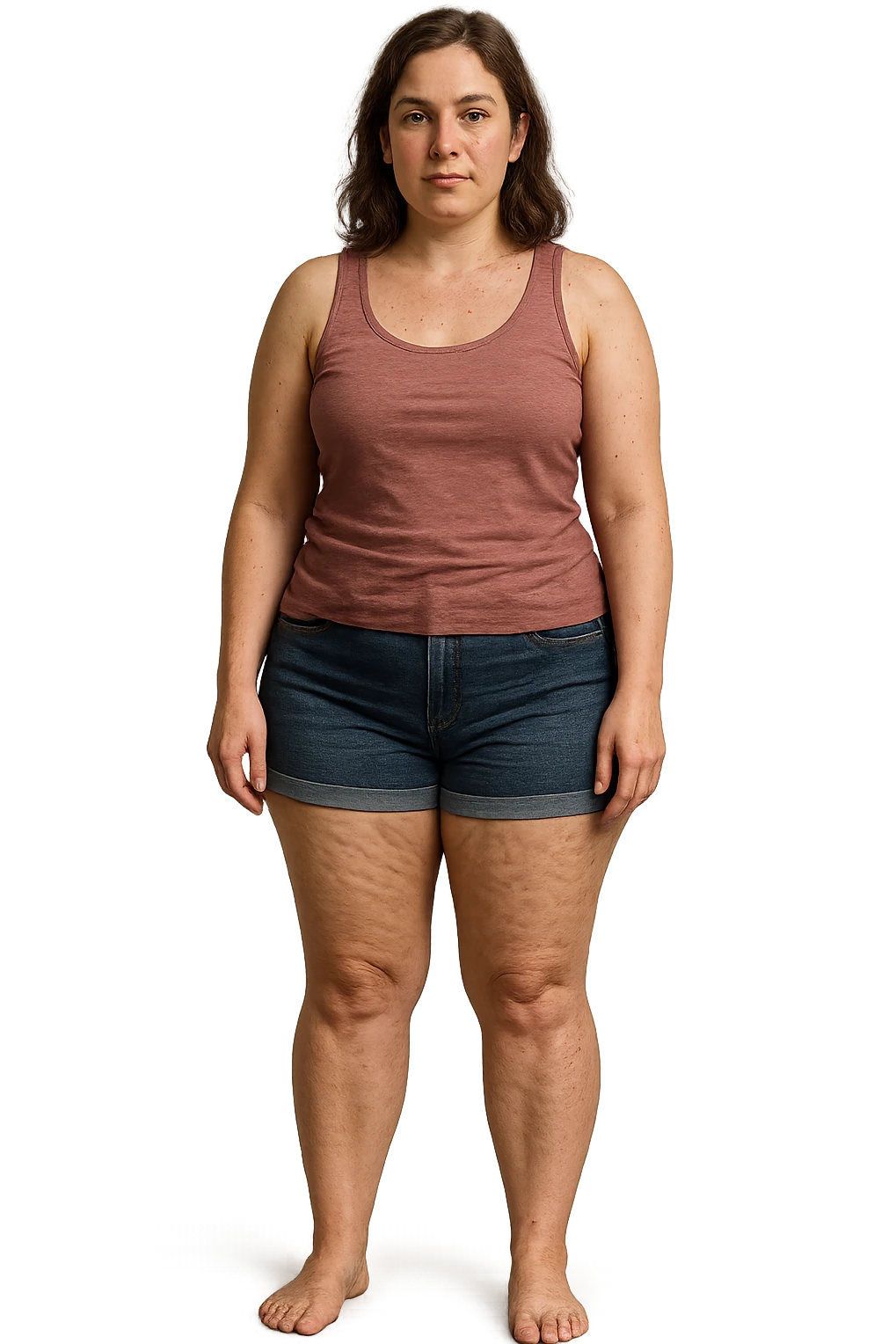donna con inestetismi evidenti cellulite non troppo grassa e giovani sui 30 anni. in pantaloncini emoji