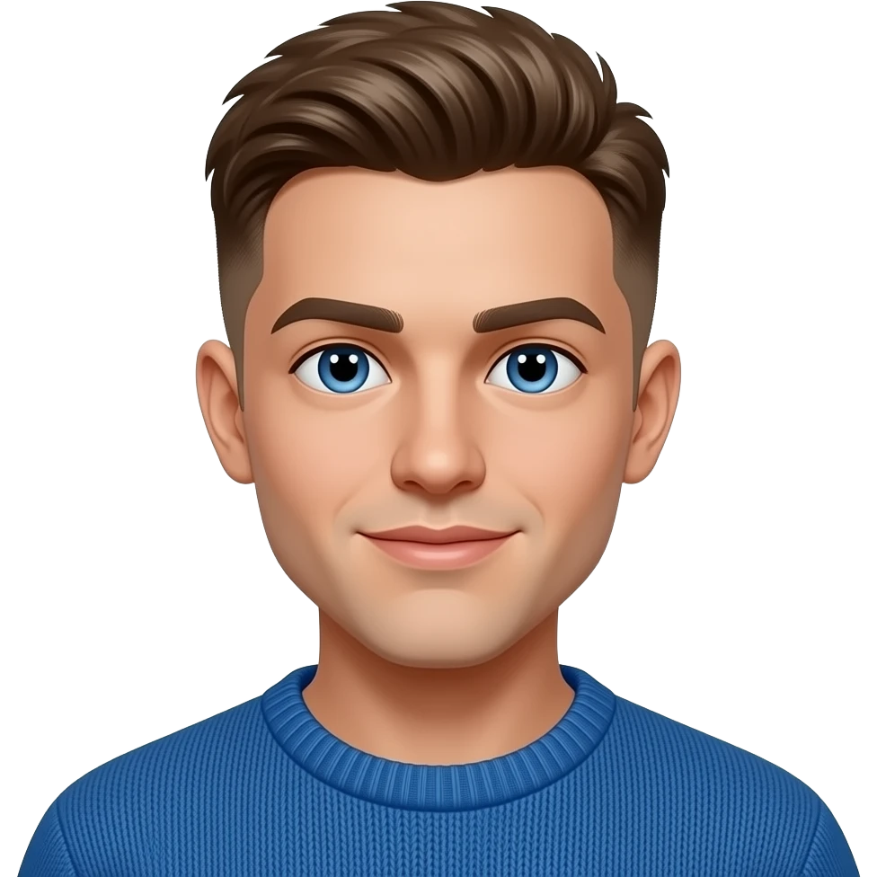 BW - young man, blue eyes, early 20s, light brown skin fade very short on top textured hair, blue jumper emoji