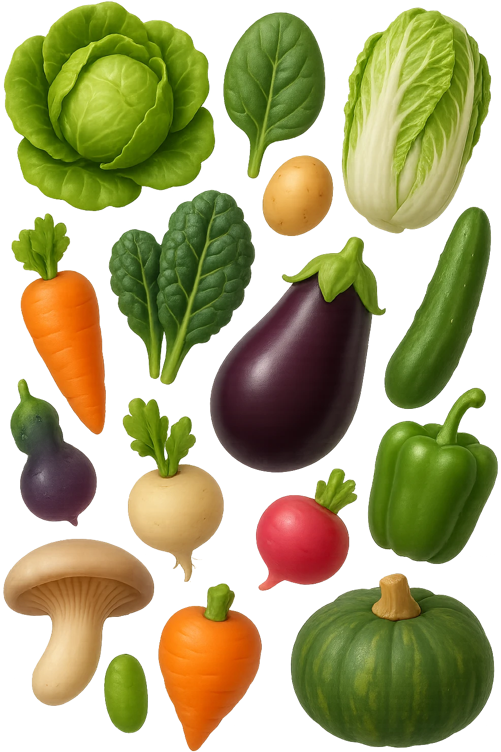 emoji stile iphone 3d di Lattuga, spinaci, cavolo cinese, cavolo nero
Patate, carote, rape, ravanelli
Melanzane, cetrioli, peperoni verdi
Funghi ostrica
Zucca kabocha
 che fluttuano in aria, iperealistico 4k emoji