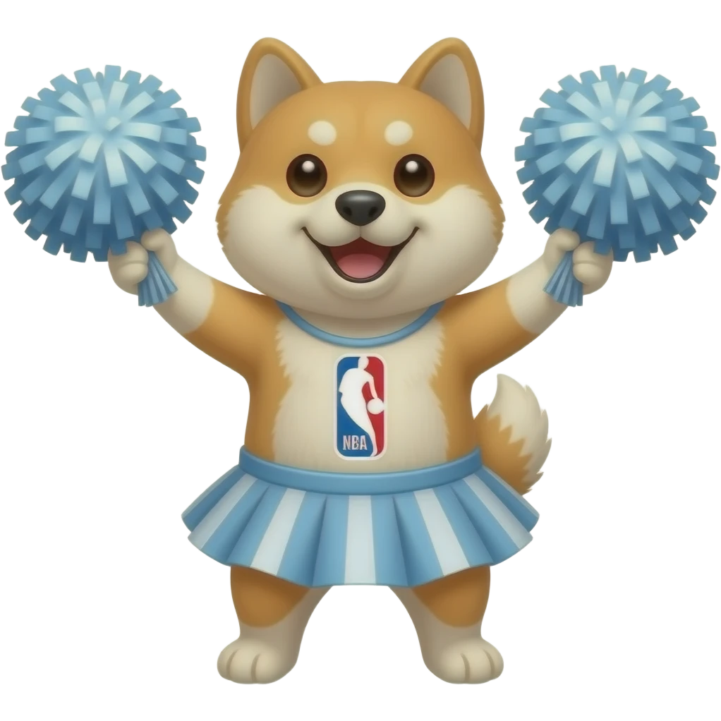 Hachiko dog in chibi cute animation as nba fans cheeringbwith pom poms wearing cute skirt emoji