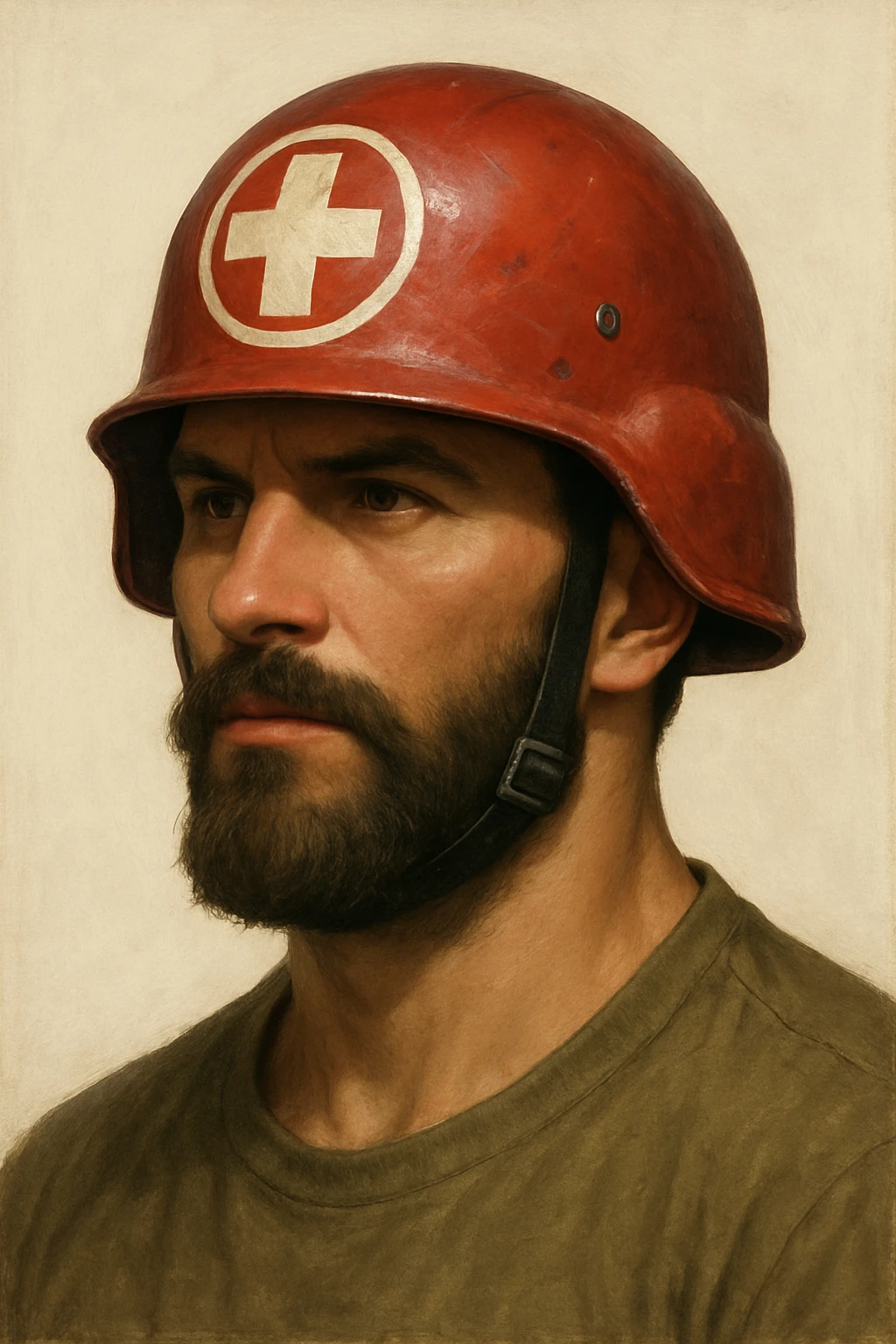 bearded man, red medic helmet, semi-realistic, strong jawline, white cross emblem, clean background emoji