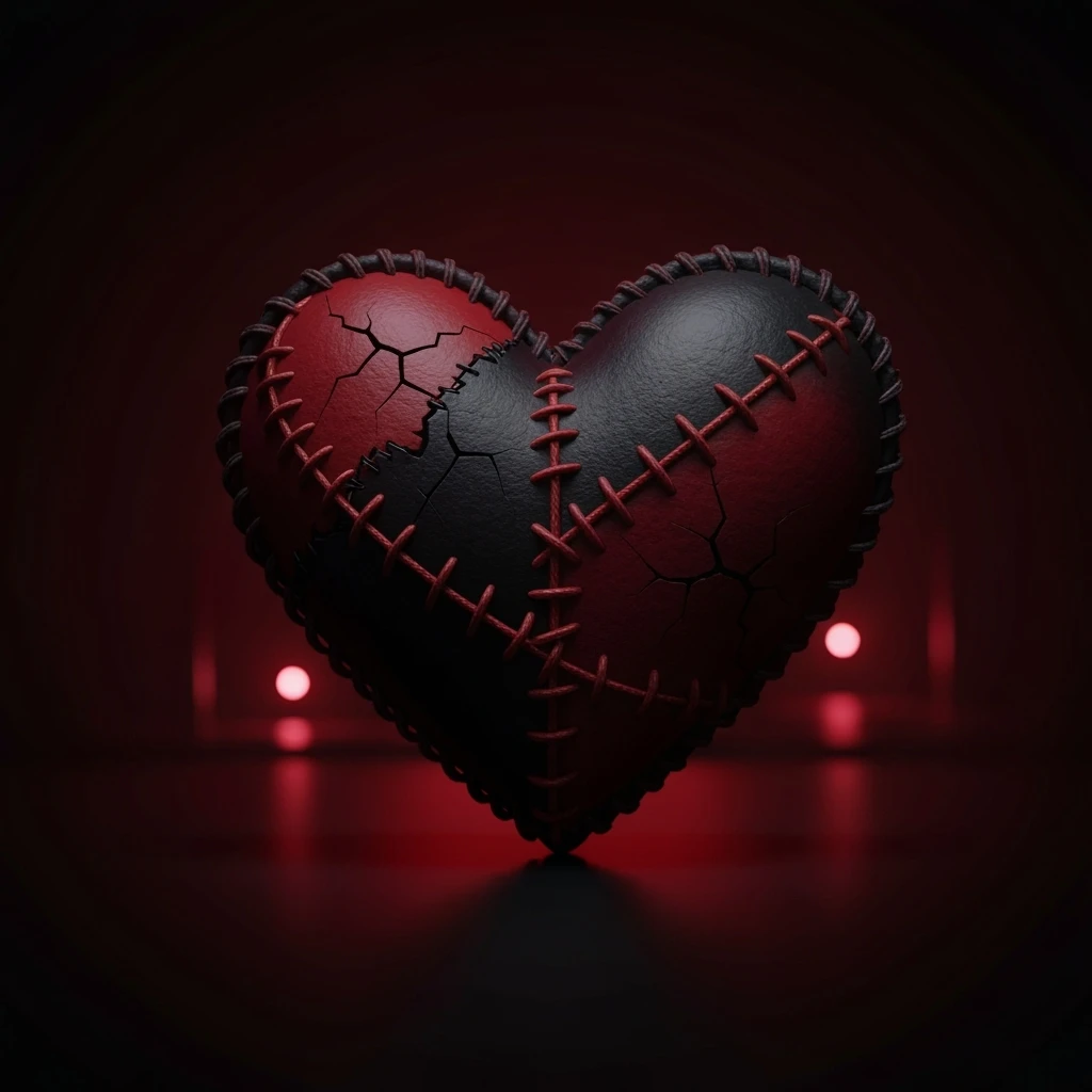 emo heart, black and deep red, stitched, broken or cracked, moody atmosphere emoji