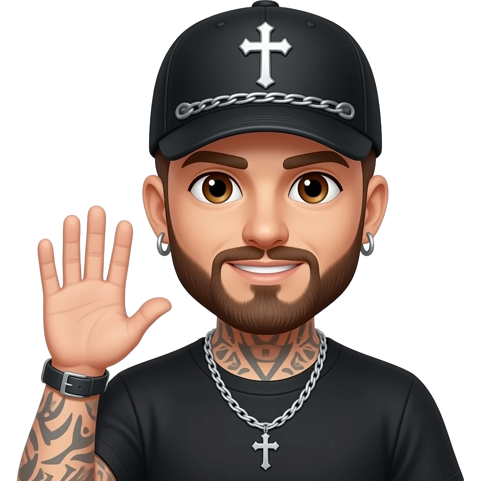 Brown eyes, rock-style cap with metallic clips on the cap visor , rock cross on the cap , black teeshirt, saying hi, no tattoos , no chain, short hair , brown beard, no withstand emoji