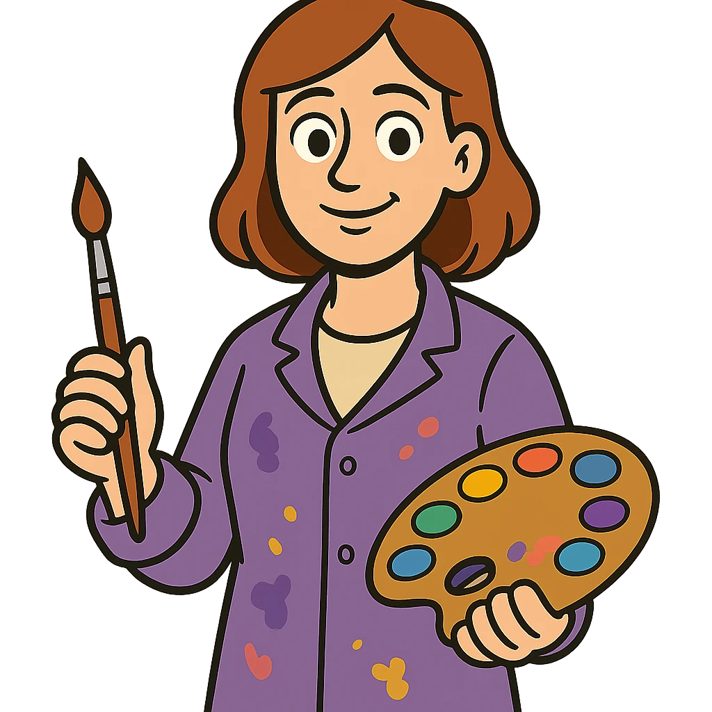 Serene female oil painter, Caucasian features, shoulder-length auburn hair, soft brown eyes, gentle smile, wearing a violet painter’s smock lightly stained with paint over a beige blouse, holding a wooden palette with vibrant colors in one hand and a brush in the other, waist-up, front-facing emoji