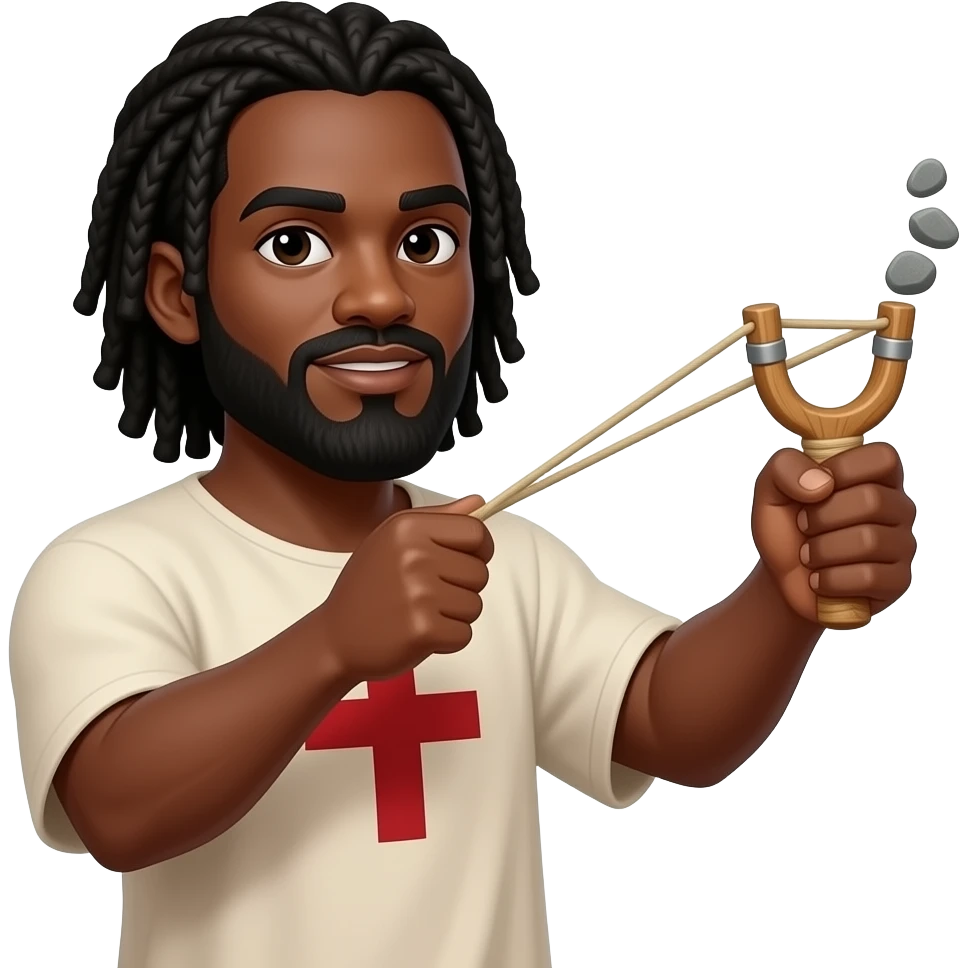 African American man light brown skin complextion with shoulder length black dreadlocks  and black beard wearing a tunic with a red cross on it swinging a slingshot with 3 stones in it emoji