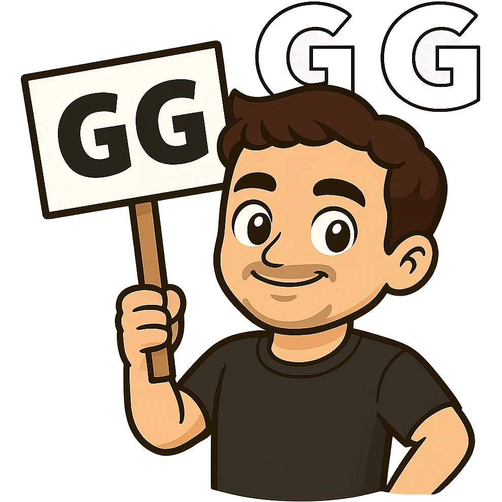 Replace the figure in the second image with the figure from the first image, but keep the sign with the letters 'GG'. Maintain a transparent background. emoji